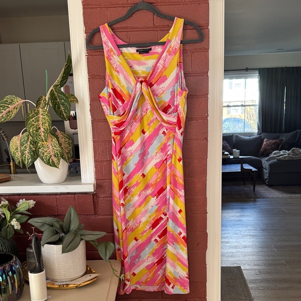 BCBGMaxAzria Vibrant Pink and Yellow Midi Dress Large